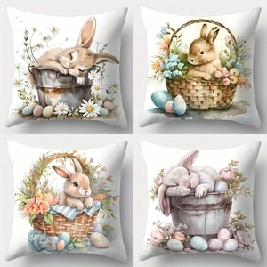 Easter Decorative Pillowcase Short Plush Polyester Bunny Rabbit Floral Pattern Sofa Cushion Cover For Spring Home Decor