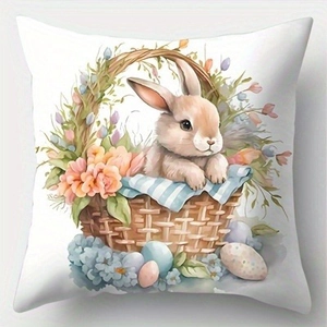 Easter throw pillow cover with watercolor bunny in a floral basket and colorful eggs