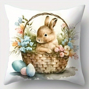 Easter throw pillow cover featuring a watercolor bunny in a flower basket on white background