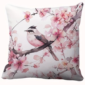 Pink floral pillow cover with cherry blossoms and bird print for sofa decoration