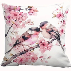Pink floral bird print pillow cover made of white textured fabric for sofa home decor