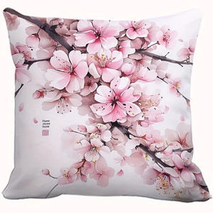 White square pillow case with pink cherry blossoms and Home sweet home text print