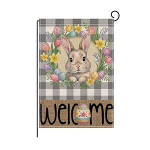 Easter garden flag with cute bunny and colorful eggs design featuring Welcome text