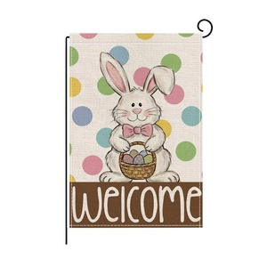 Detailed texture of burlap Easter garden flag with cute rabbit and Welcome lettering