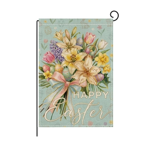 Detail of Easter garden flag with floral rabbit egg print on a textured burlap fabric