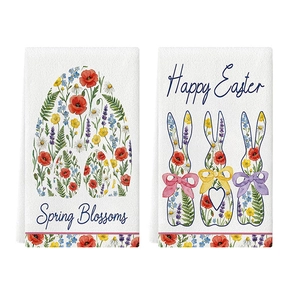 Microfiber Easter bunny and floral egg hand towels set with Happy Easter print