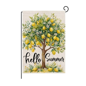 Detailed texture of burlap garden flag with hello Summer lemon tree design