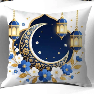 Blue crescent moon and golden lanterns floral throw pillow cover for festive home decor