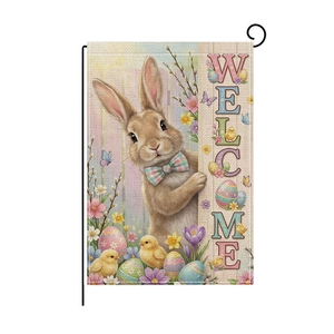 Detailed texture of Easter garden flag featuring a cute bunny, eggs, and Welcome text