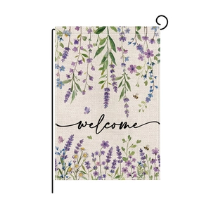Close-up of linen garden flag with watercolor lavender and metal hanging bracket