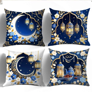 Blue Gold Ramadan Eid Mubarak Moon Lantern Floral Pattern Decorative Pillowcase Soft Short Plush Sofa Cushion Cover Home Festive Decor