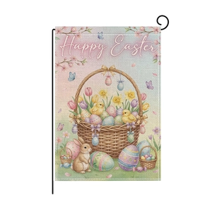 Detail of Happy Easter garden flag showing linen texture with bunny and egg prints