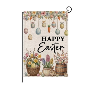 Detailed fabric texture of Happy Easter garden flag featuring bunnies and spring eggs