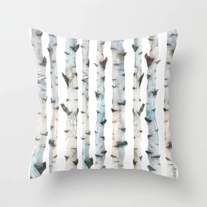 Artistic watercolor birch tree pattern square throw pillow on neutral studio background