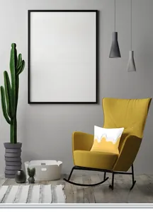 Detailed texture of square cotton cushion cover with yellow wave pattern on a modern chair