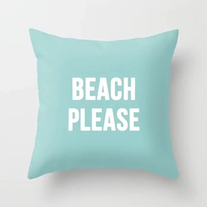 Modern mint green square pillow cover featuring white Beach Please text on light grey background