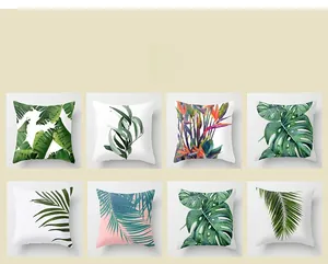 Detailed macro view showing eight tropical plant patterns on polyester throw pillow covers