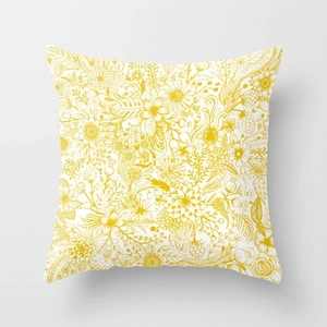 Detailed close-up of yellow floral line art patterns on a soft square peach skin pillowcase