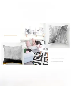 Detail of geometric peach skin pillow covers featuring abstract grey lines and ink splatters