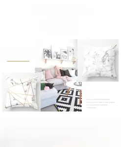 Detail view of marble pattern pillow covers with gold geometric lines and soft texture