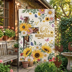 Garden flag with sunflowers and cross on linen fabric featuring Hello Sunshine text