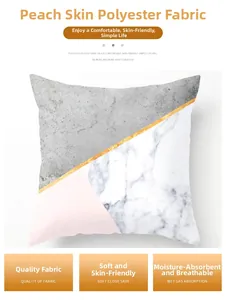 Detail of soft peach skin polyester cushion cover with marble and geometric pattern