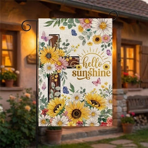 Garden flag with hello sunshine text, wooden cross and sunflower on black metal stand