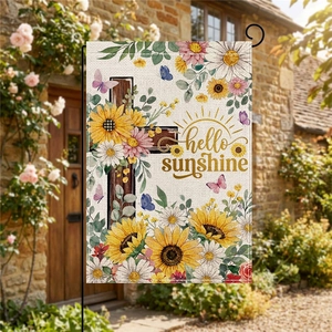 Garden flag with cross and sunflowers featuring Hello Sunshine on burlap texture