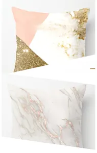 Detail view of geometric marble pattern pillow covers with soft peach skin fabric texture