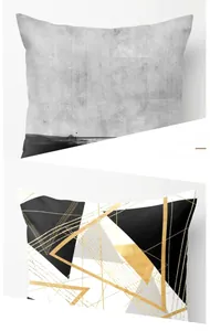 Detail of geometric peach skin pillowcase showing abstract marble and golden line patterns