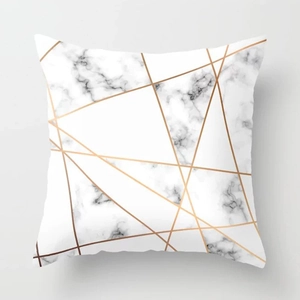 Modern marble texture throw pillow cover with golden geometric patterns on white fabric