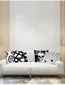 Macro detail of Nordic geometric peach skin pillowcases in various black and white patterns