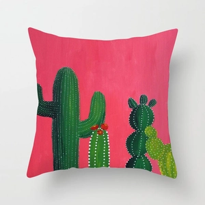 Macro detail of Nordic cactus print on pink peach skin fabric for sofa cushion cover