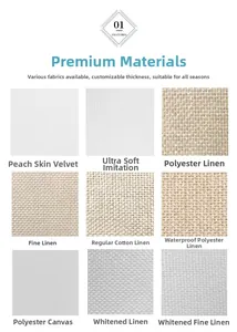 Close-up showing nine fabric options including peach skin, linen, and canvas for cushion covers