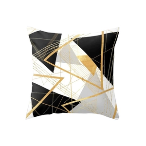 Modern geometric peach skin throw pillow case with abstract gold lines and black patterns