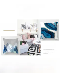 Detailed view of abstract blue and grey geometric patterns on peach skin pillow covers