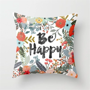 Peach skin floral throw pillow cover with Be Happy print for home sofa decor