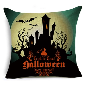 Halloween linen throw pillow cover with haunted castle silhouette and full moon on dark background