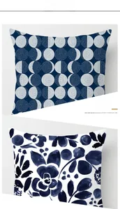 Detail of blue geometric dots and floral ink patterns on peach skin pillow covers