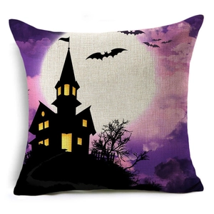 Halloween linen pillow case with castle bats and full moon print on white background