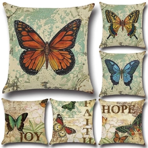 Vintage Linen Butterfly Decorative Throw Pillowcase European Style Floral Print Square Cushion Cover Sofa Office Home Decor
