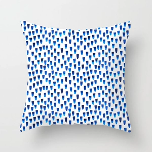 Abstract blue watercolor geometric print throw pillow in peach skin fabric for home decor