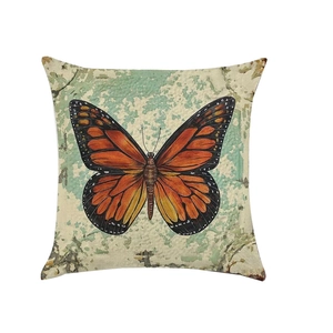 Linen cotton cushion cover with vintage butterfly pattern on artistic light green background