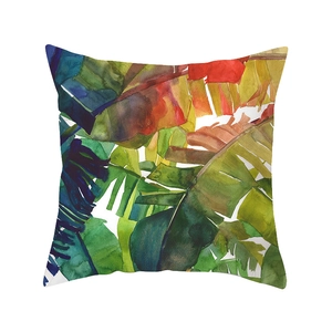 Square tropical leaf pillow case with watercolor rainforest pattern in green and blue