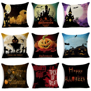 Halloween Pumpkin Castle Bat Printed Cotton Blend Throw Pillow Case Decorative Square Cushion Cover For Home Sofa 45x45cm
