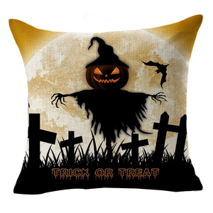 Halloween linen pillowcase with pumpkin scarecrow design and Trick or Treat slogan