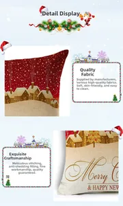 Vue détaillée de la taie d'oreiller de Noël en lin avec motif de chalet et texte doré