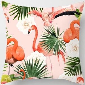 Housse de coussin flamant rose en peau de pêche avec motifs tropicaux et fleurs