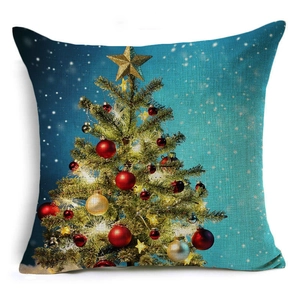 Housse de coussin en lin avec sapin de Noël, boules colorées et étoile sur fond bleu