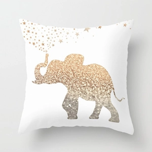 Minimalist white square pillowcase with gold glitter elephant and stars design